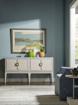 Lexington Artistica Home Elixer Media Console: Stunning Transitional Design With Raffia Panels And Silver Leaf Brass Hardware Misty White Gray Wood 2289-907