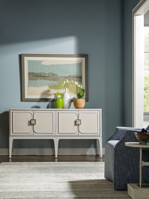 Lexington Artistica Home Elixer Media Console: Stunning Transitional Design With Raffia Panels And Silver Leaf Brass Hardware Misty White Gray Wood 2289-907