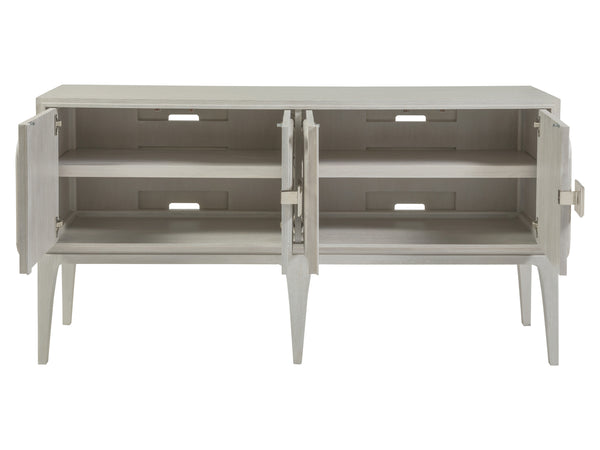 Lexington Artistica Home Elixer Media Console: Stunning Transitional Design With Raffia Panels And Silver Leaf Brass Hardware Misty White Gray Wood 2289-907