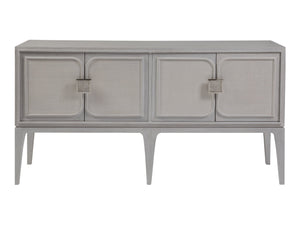 Lexington Artistica Home Elixer Media Console: Stunning Transitional Design With Raffia Panels And Silver Leaf Brass Hardware Misty White Gray Wood 2289-907
