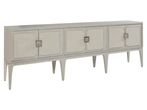Lexington Artistica Home Elixer Media Console: Stunning Transitional Design With Raffia Panels And Silver Leaf Brass Hardware Gray Wood 2289-908