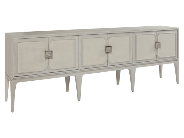 Lexington Artistica Home Elixer Media Console: Stunning Transitional Design With Raffia Panels And Silver Leaf Brass Hardware Gray Wood 2289-908