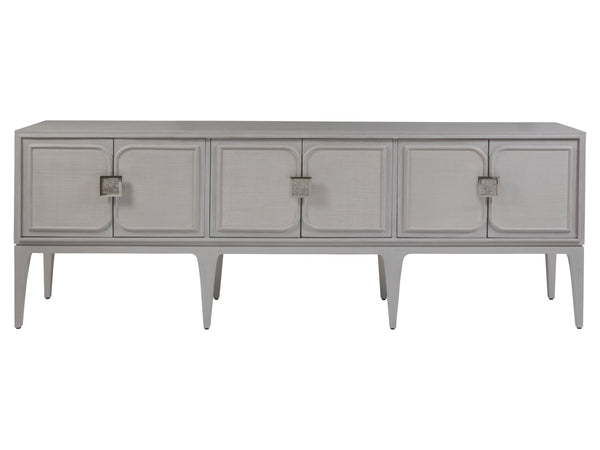 Lexington Artistica Home Elixer Media Console: Stunning Transitional Design With Raffia Panels And Silver Leaf Brass Hardware Gray Wood 2289-908