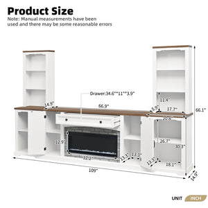English Elm 3-piece Farmhouse Entertainment Center with Curved Cabinets Walnut Mdf Modular Living Room White N721S000072K