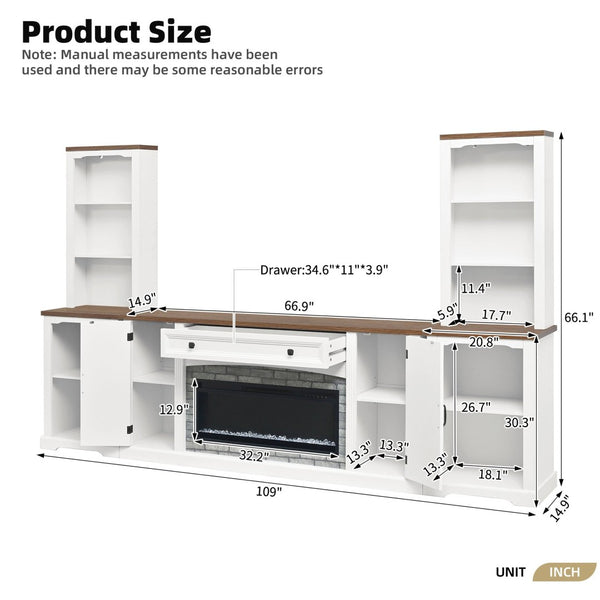 English Elm 3-piece Farmhouse Entertainment Center with Curved Cabinets Walnut Mdf Modular Living Room White N721S000072K