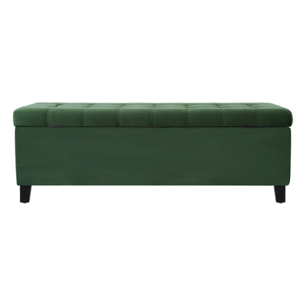 English Elm Upholstered Boucle Storage Bench Flip Top Lid Rubberwood Legs Bedroom Entryway Seating Retro Green N779P395018G