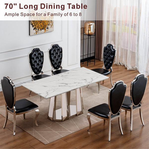 English Elm Marble Dining Table For 6-8, 70'' Modern Rectangle Faux Marble With Mirrored Stainless Steel Base W3456S00038