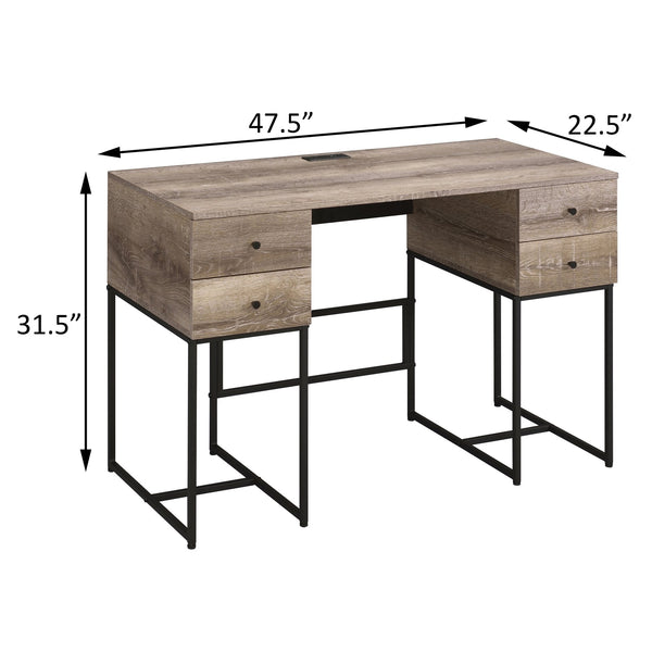 English Elm Rustic Oak 4-Drawer Writing Desk with USB Port — Spacious Storage, Metal Sled Base, Modern Rustic Appeal B062P184568