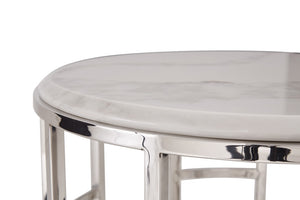 VIG Furniture Silvan Round Calacatta Marble End Table With Geometric Stainless Steel Base, Polished Modern Accent (98) VGHB228B-MBL