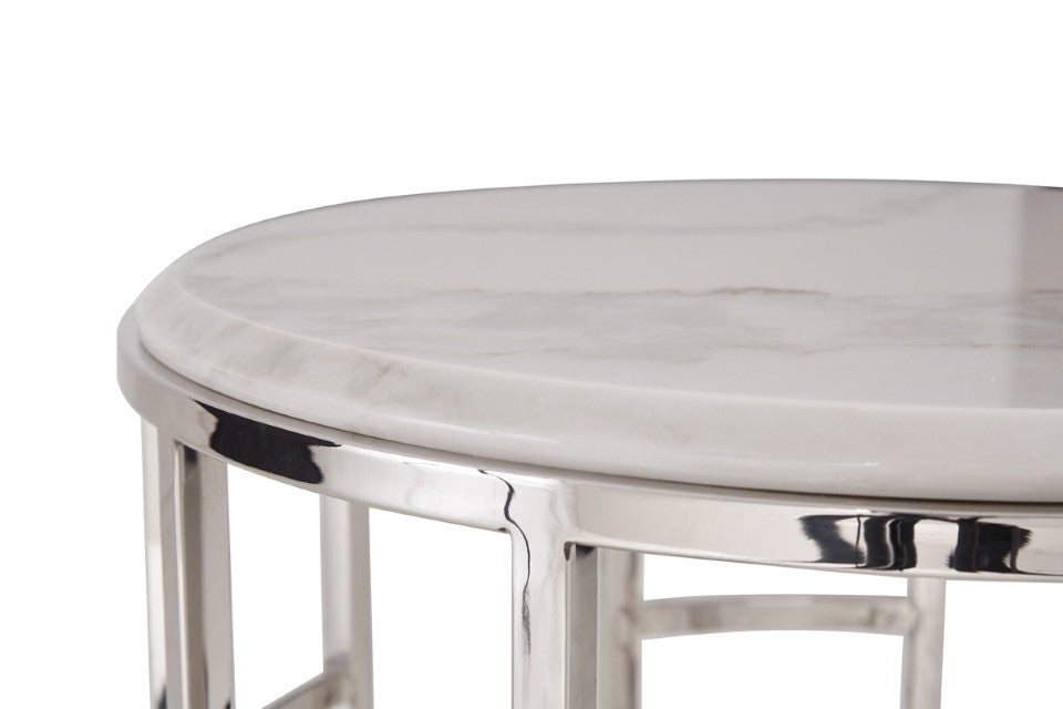VIG Furniture Silvan Round Calacatta Marble Coffee Table With Polished Stainless Steel Geometric Base, 35" Diameter VGHB228E-EBN