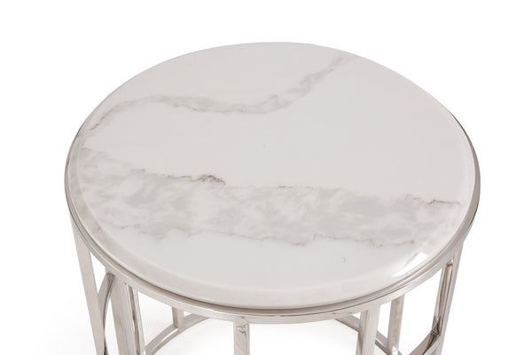 VIG Furniture Silvan Round Calacatta Marble End Table With Geometric Stainless Steel Base, Polished Modern Accent (98) VGHB228B-MBL