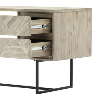 English Elm Yaluna 2 Drawer Desk Natural Acacia Wood with Geometric Inlay, Durable Hardwood, Ample Storage, 58” B2736P354391