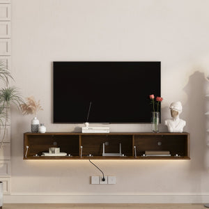 English Elm Floating Wall Mounted Tv Shelf with Led Backlight Gloss Cabinet and Built in Power Strip Wood W1321P391261