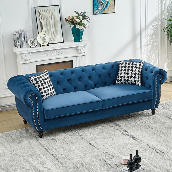 English Elm 87"Chesterfield Velvet Upholstery Sofa with Roll Armrests & Nailhead Trim, 3-Seater Luxurious Midcentury Design Blue W3373S00048