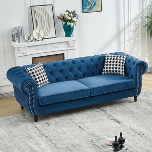 English Elm 3 Seater Chesterfield Velvet Sofa Tufted Roll Arms Brass Nailhead Mid Century Style Blue W3373S00071