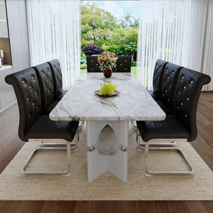 English Elm Modern 9 Piece Glam Dining Set Faux Marble Table Tufted Pvc Chairs Seats Eight Black,Grey W3875S00061