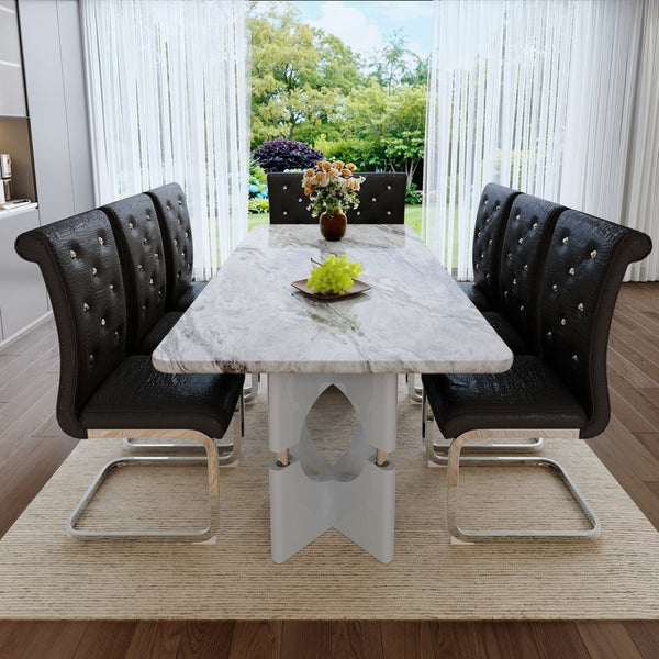 English Elm Modern 9 Piece Glam Dining Set Faux Marble Table Tufted Pvc Chairs Seats Eight Black,Grey W3875S00061