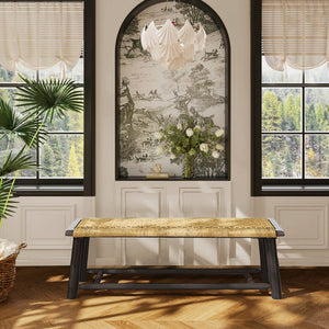 English Elm Farmhouse Solid Wood Rattan Bench – 59" Indoor & Covered Outdoor Seating, Moisture-Resistant Finish, Seats 3 Walnut N842P271335D