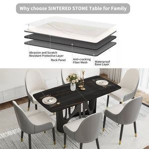 English Elm 63" Modern Artificial Stone Dining Table With Curved Edges - Seats 6, Durable Black Iron Legs W1535S00433