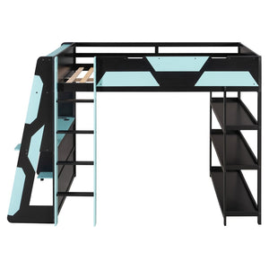 English Elm Full Size Gaming Loft Bed with Led Lighting Desk Shelves and Usb Charging Ports Black+Blue N820S00076C
