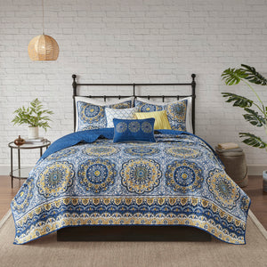 English Elm 6 Piece Tangiers Reversible Quilt Set King/Cal King Blue Yellow Floral Medallion Embroidered Pillows B03597624