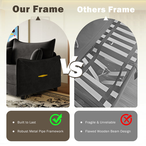 English Elm 81.9" 3-in-1 Convertible Sleeper Sofa Bed with Velvet Upholstery, 3 Pillows & Golden Trim Accent Black W1885S00254