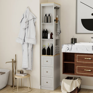 English Elm 73" Slim Tower Cabinet Antique White Mdf with Drawers Hooks and Display Shelves W1120P327084