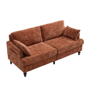 English Elm Modern chenille 2-seater sofa with LED lighting, USB charging, storage pocket, sturdy wood legs Orange W395P318543