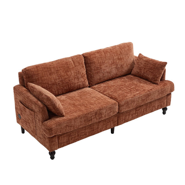 English Elm Modern chenille 2-seater sofa with LED lighting, USB charging, storage pocket, sturdy wood legs Orange W395P318543
