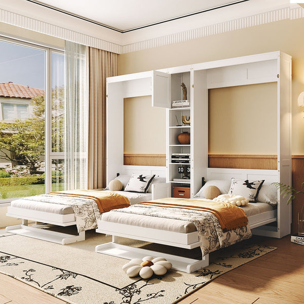 English Elm Dual Twin Murphy Beds with Built-In Cabinets & Shelves for Space-Saving Guest Rooms and Studios White N820S00058K