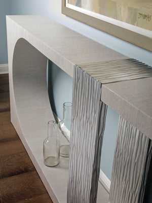 Lexington Artistica Home Sereno Long Console Table - Contemporary Asymmetrical Design With Silver Leaf Accent For Modern Homes Misty White Gray Wood 2291-966