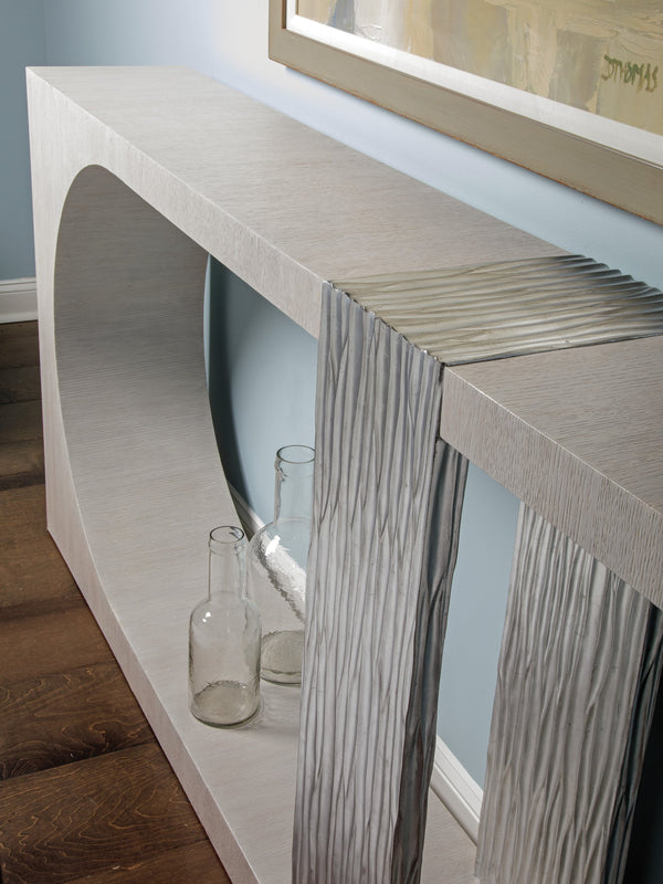 Lexington Artistica Home Sereno Long Console Table - Contemporary Asymmetrical Design With Silver Leaf Accent For Modern Homes Misty White Gray Wood 2291-966