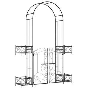 English Elm Outsunny 7' Garden Arch Arbor with Double Gate, Planters & Scrollwork Trellis for Vines, Black W2225P200806