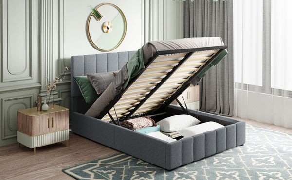 English Elm Full Size Linen Upholstered Platform Bed with Hydraulic Lift Storage and Foam Headboard N708P201551E