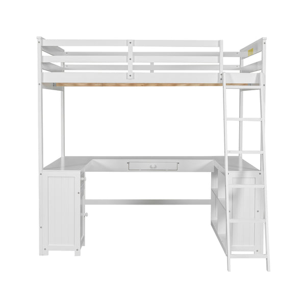 English Elm Full Loft Bed with U-Shaped Workstation, Built-In Drawers, Shelves & Cabinet for Space Saving White GX001039AAK