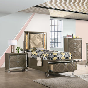 English Elm Beige Modern Twin Storage Bed with LED Touch Headboard, Two Drawers, Low-Profile Design, No Box Spring Needed B062S00543