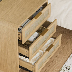 English Elm Rattan Drawer Nightstand Set with Built-in Charging Station and Open Shelf Bedroom Storage Oak W1820P416766