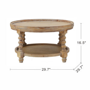 English Elm D29.7" Round Two-tier Side Table Wicker Cane Shelf Turned Legs Artisan Living Room Brown W2078P155914