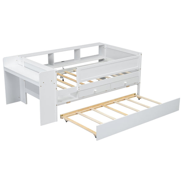 English Elm Multi-functional Twin Daybed with Trundle Desk Usb Charging Pine Wood Storage GX000462AAK