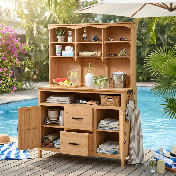English Elm (with Hutch) Topmax Solid Fir Outdoor Potting Bench Station Cabinets Drawers Patio Garden Natural Wood N717P404332A