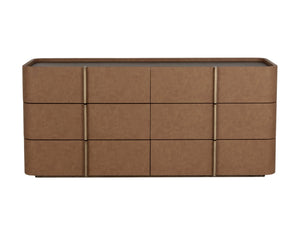 Sunpan JAMILLE Dresser - Contemporary Cream Faux Leather & Oak Veneer Storage with Six Spacious Drawers 112261