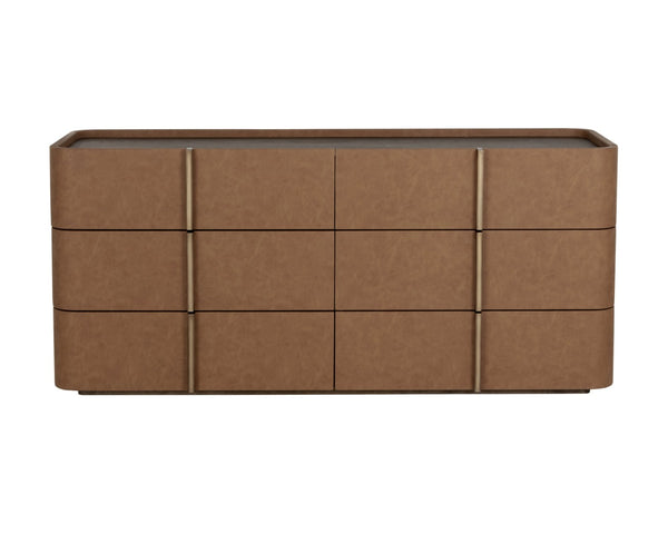 Sunpan JAMILLE Dresser - Contemporary Cream Faux Leather & Oak Veneer Storage with Six Spacious Drawers 112261
