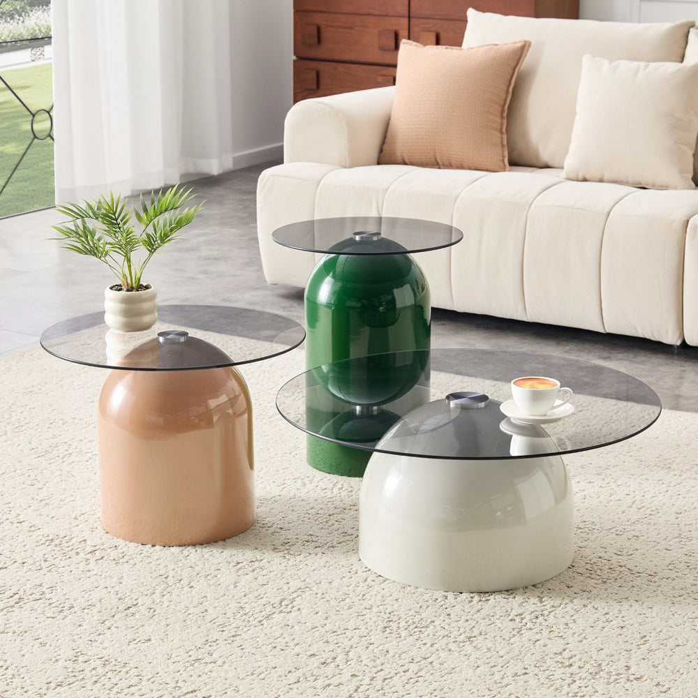 English Elm Nesting Coffee Tables Set of 3 Round Tempered Glass Top Steel Base Living Room W2920S00148