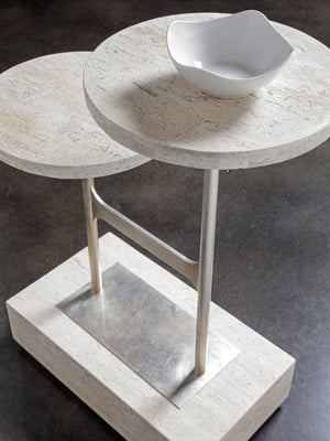 Lexington Artistica Home Cirque Modern Tiered Spot Table - Unique White Vein Travertine Top With Stunning Iron Base Finish Champagne Wood 2296-955