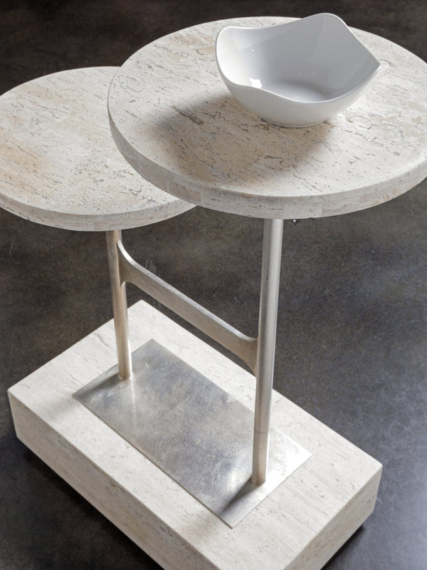 Lexington Artistica Home Cirque Modern Tiered Spot Table - Unique White Vein Travertine Top With Stunning Iron Base Finish Champagne Wood 2296-955
