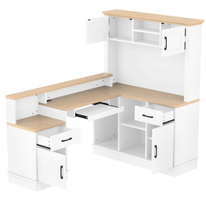 English Elm L-shaped Corner Computer Desk with Built-in Outlets Drawers and Open Shelving Storage W1580S00269