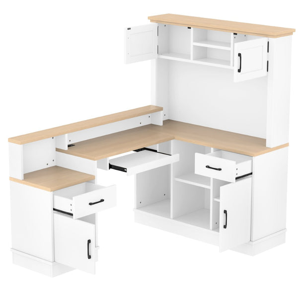 English Elm L-shaped Corner Computer Desk with Built-in Outlets Drawers and Open Shelving Storage W1580S00269