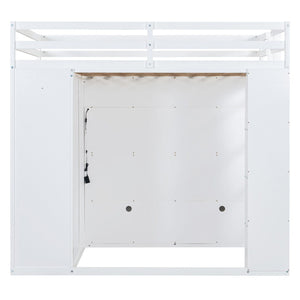 English Elm Full Size Loft Bed with Led Lighting Wardrobe Drawers and Shelves for Teen Rooms White LT000499AAK
