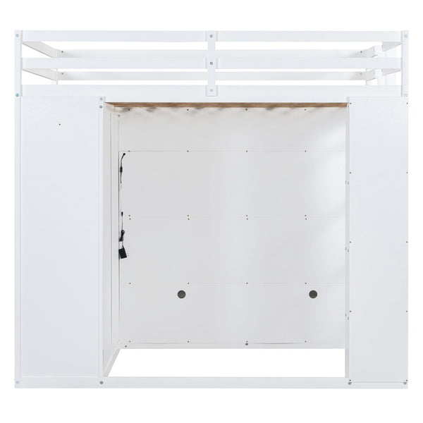 English Elm Full Size Loft Bed with Led Lighting Wardrobe Drawers and Shelves for Teen Rooms White LT000499AAK