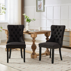 English Elm Nikki Tufted Flax Linen Dining Chair with Solid Wood Frame, High-Rebound Cushion, Nailhead Trim Black W1143P233648